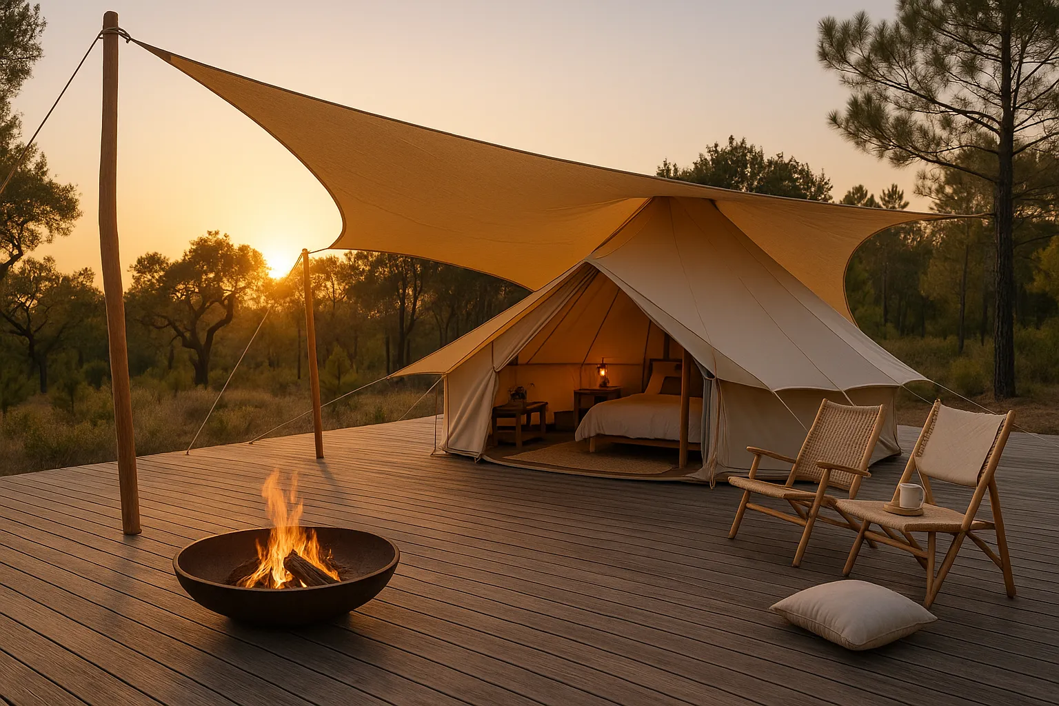 Bell tent on a raised deck in the forest