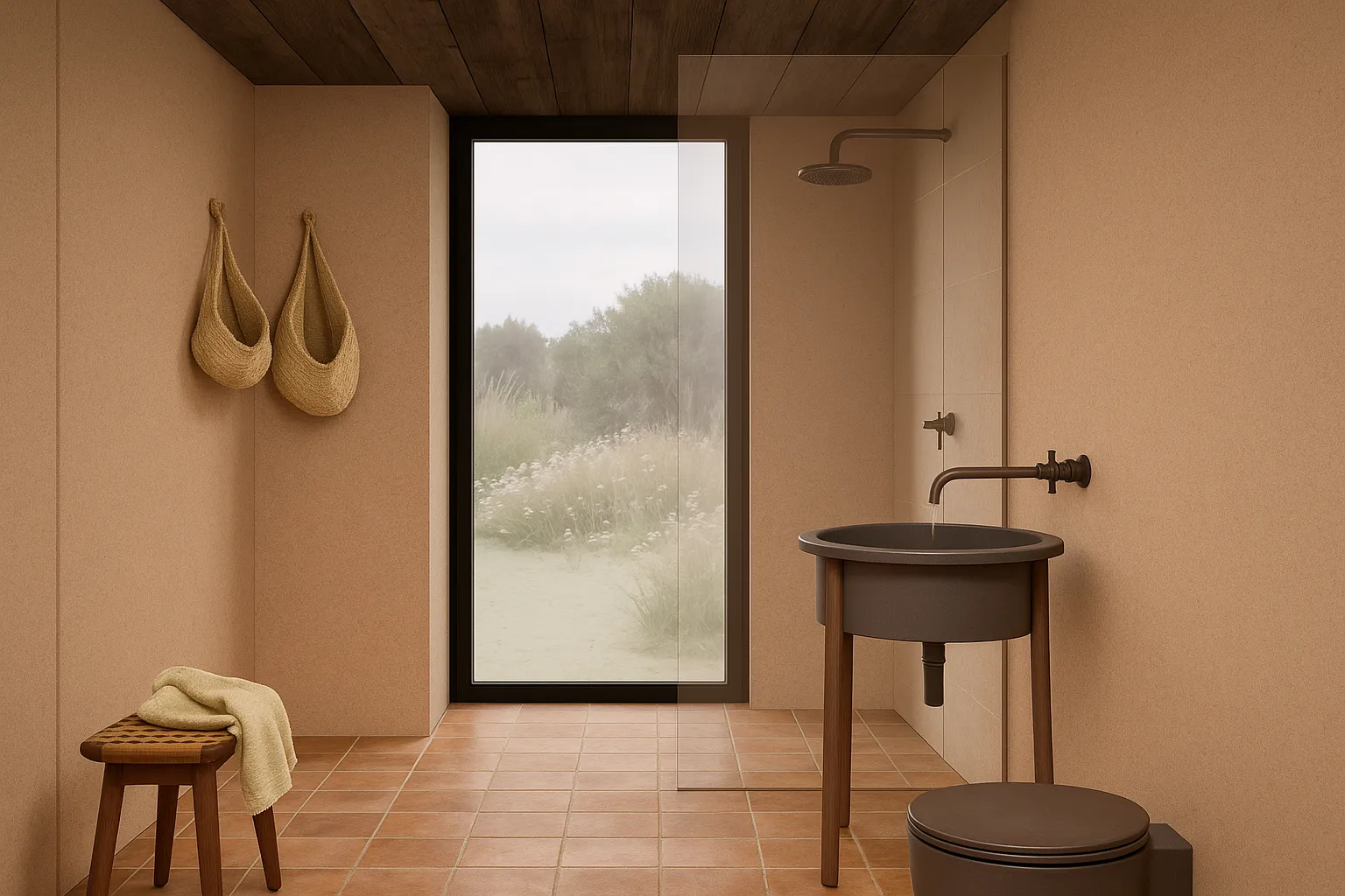 Cabin bathroom with walk-in rain shower