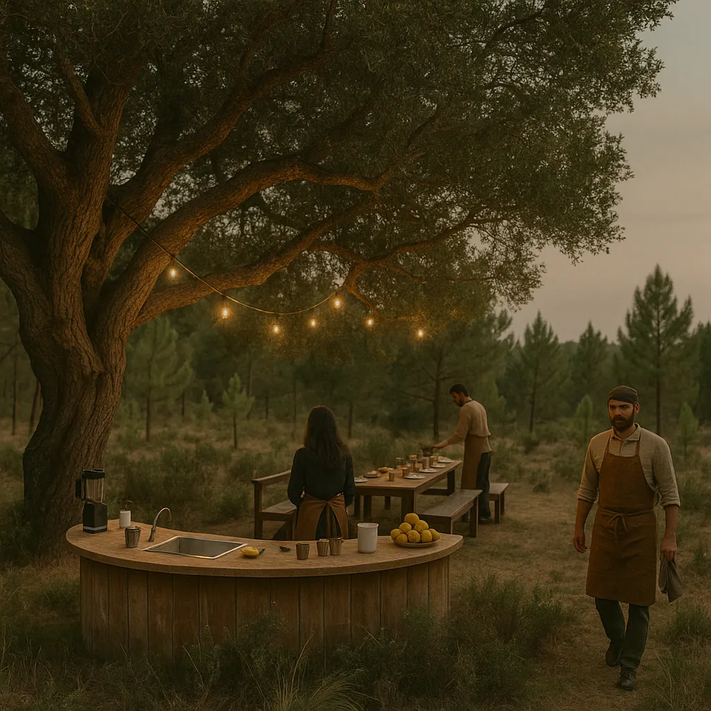 Outdoor dining beneath cork oaks
