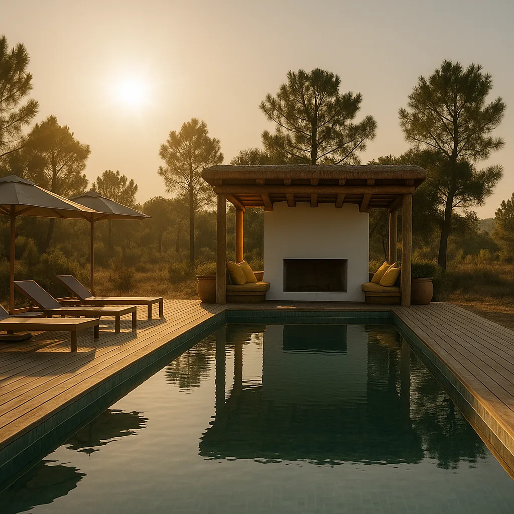 Swimming pool with terraced deck among the treetops